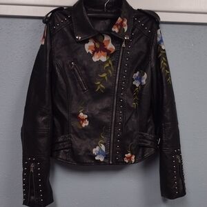 Black Leather Synthetic Motorcycle Jacket with Floral Embroidery